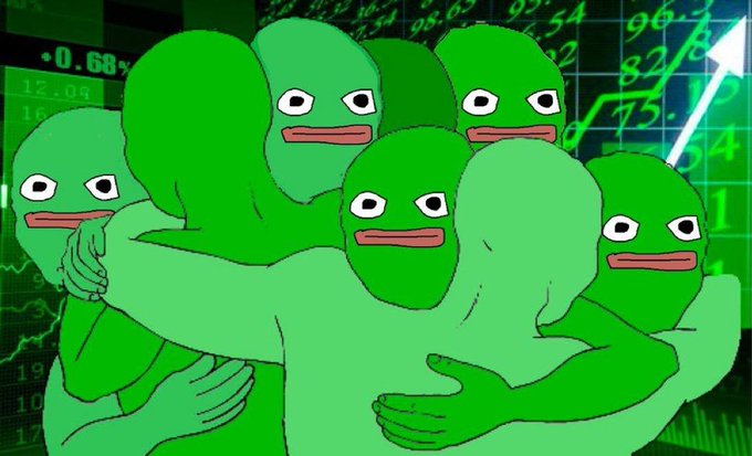 Daumenfrosch group hug with stock market background